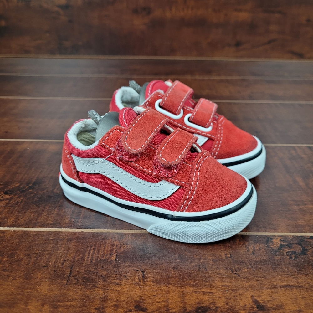 Vans Old Skool V Hook & Loop Red Sneakers Kids Toddler Childrens Size 4